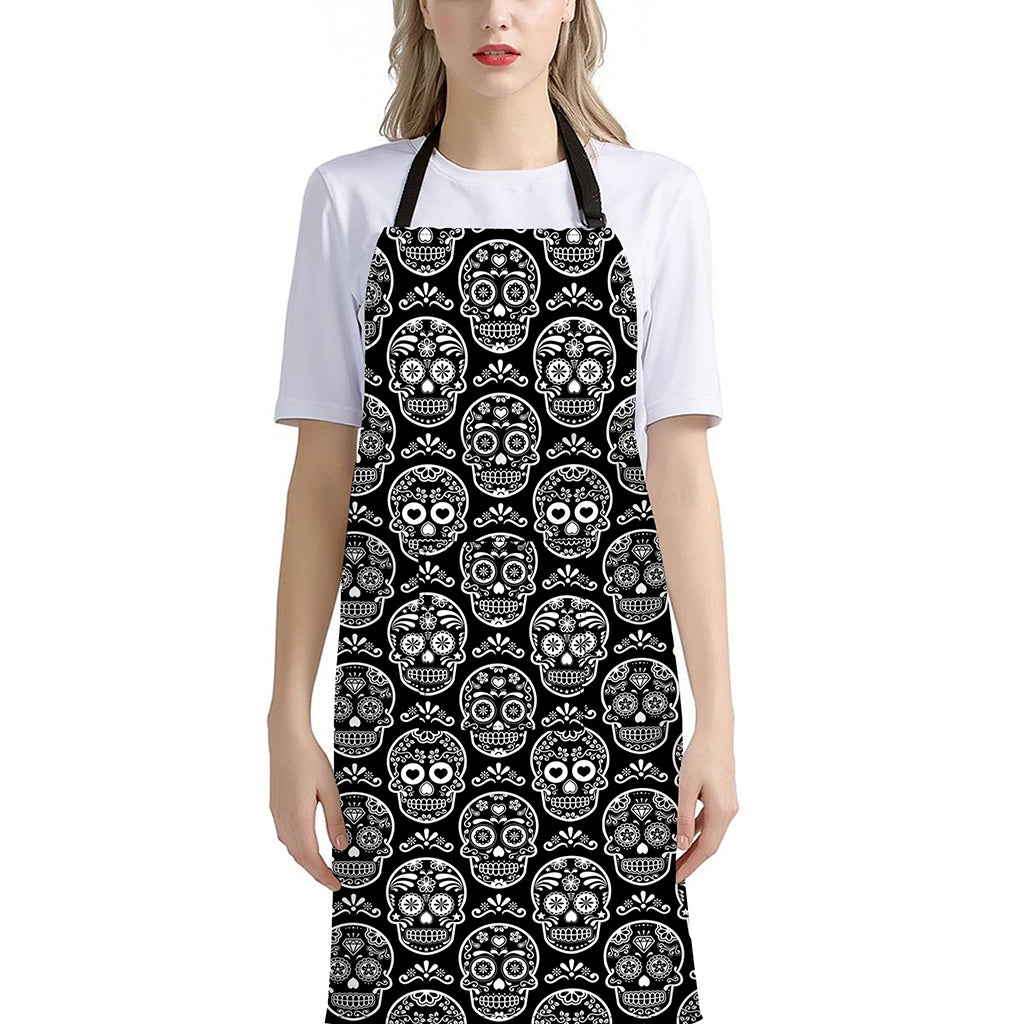 Black And White Calavera Skull Print Bib Apron With Pocket