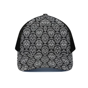 Black And White Calavera Skull Print Black Mesh Trucker Cap