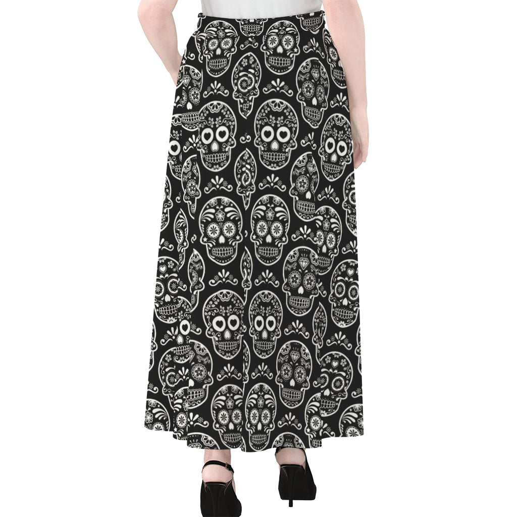 Black And White Calavera Skull Print Chiffon Maxi Skirt