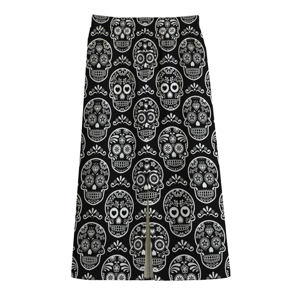 Black And White Calavera Skull Print Cotton Front Slit Maxi Skirt