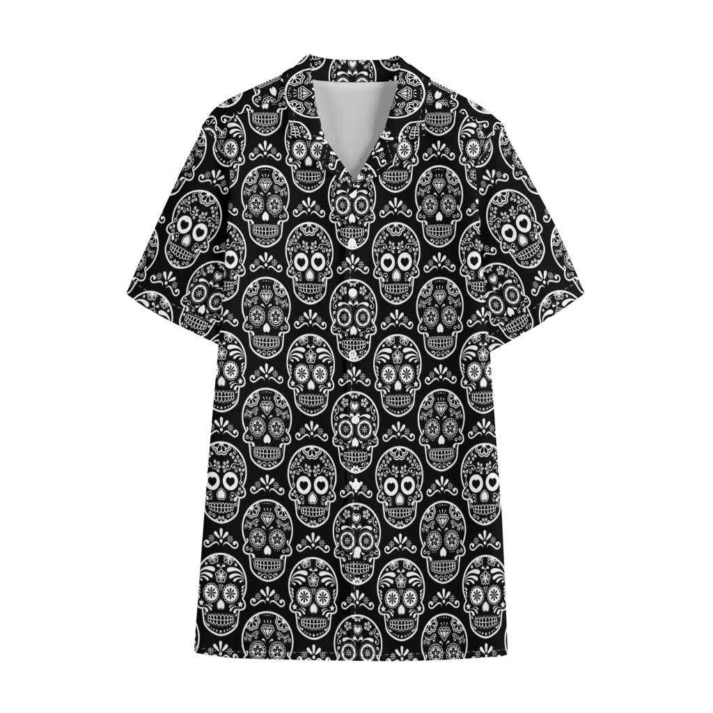 Black And White Calavera Skull Print Cotton Hawaiian Shirt