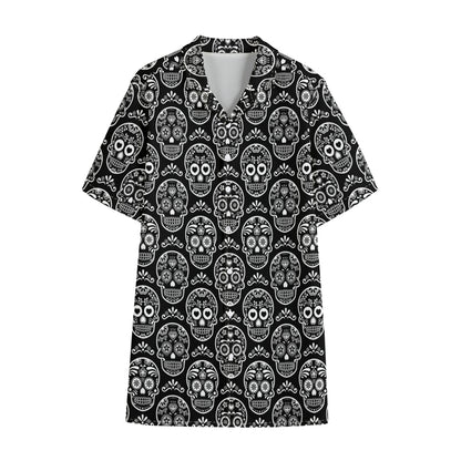 Black And White Calavera Skull Print Cotton Hawaiian Shirt