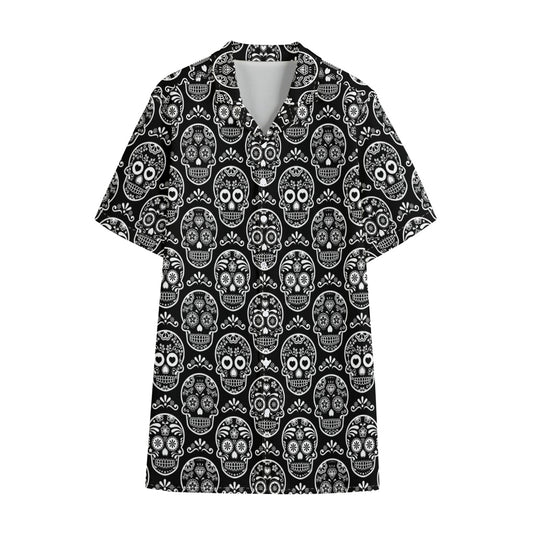 Black And White Calavera Skull Print Cotton Hawaiian Shirt