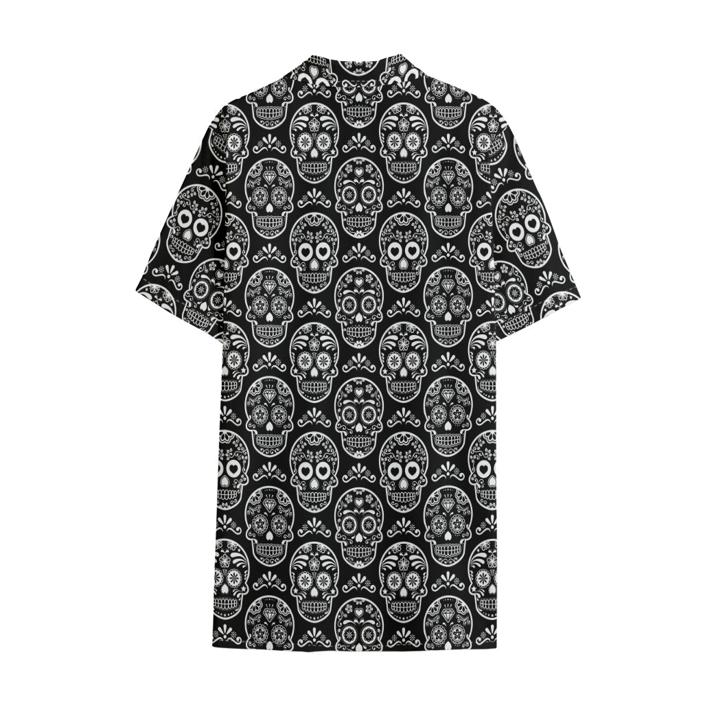 Black And White Calavera Skull Print Cotton Hawaiian Shirt