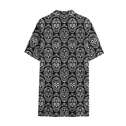 Black And White Calavera Skull Print Cotton Hawaiian Shirt