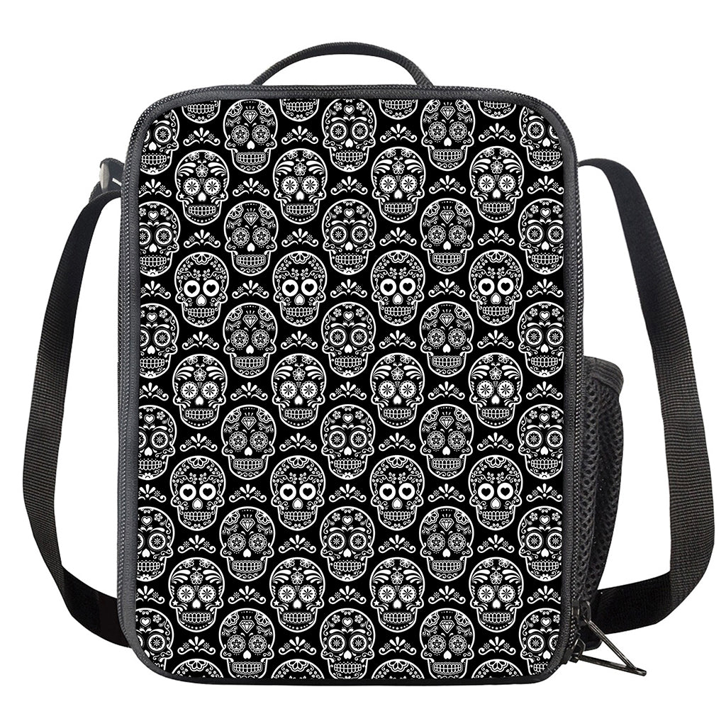 Black And White Calavera Skull Print Crossbody Lunch Bag
