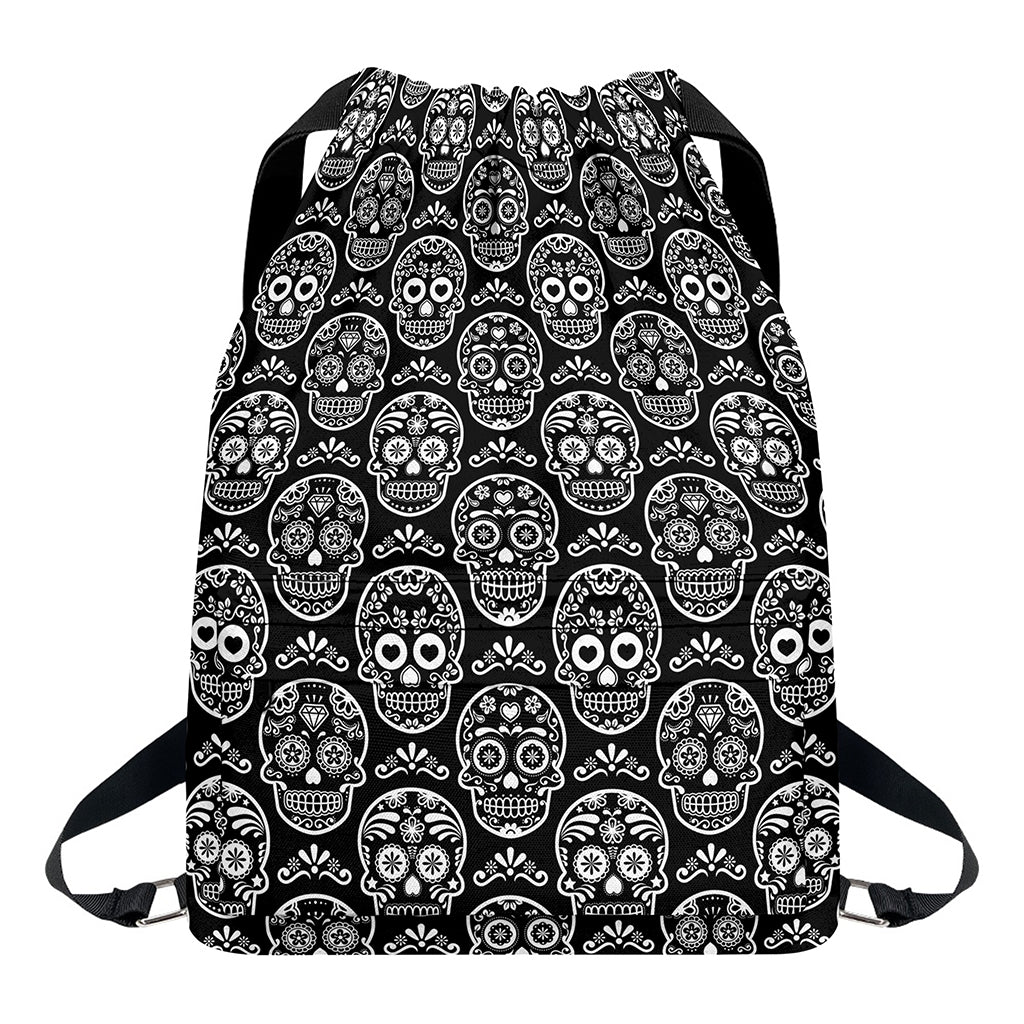 Black And White Calavera Skull Print Drawstring Backpack