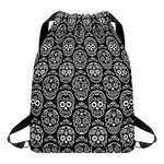 Black And White Calavera Skull Print Drawstring Backpack