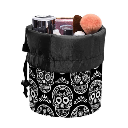 Black And White Calavera Skull Print Drawstring Makeup Bag