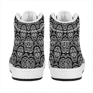 Black And White Calavera Skull Print High Top Leather Sneakers