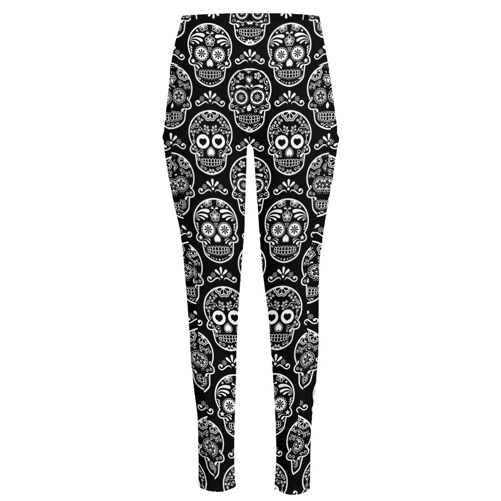 Black And White Calavera Skull Print High-Waisted Pocket Leggings