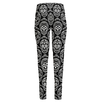 Black And White Calavera Skull Print High-Waisted Pocket Leggings
