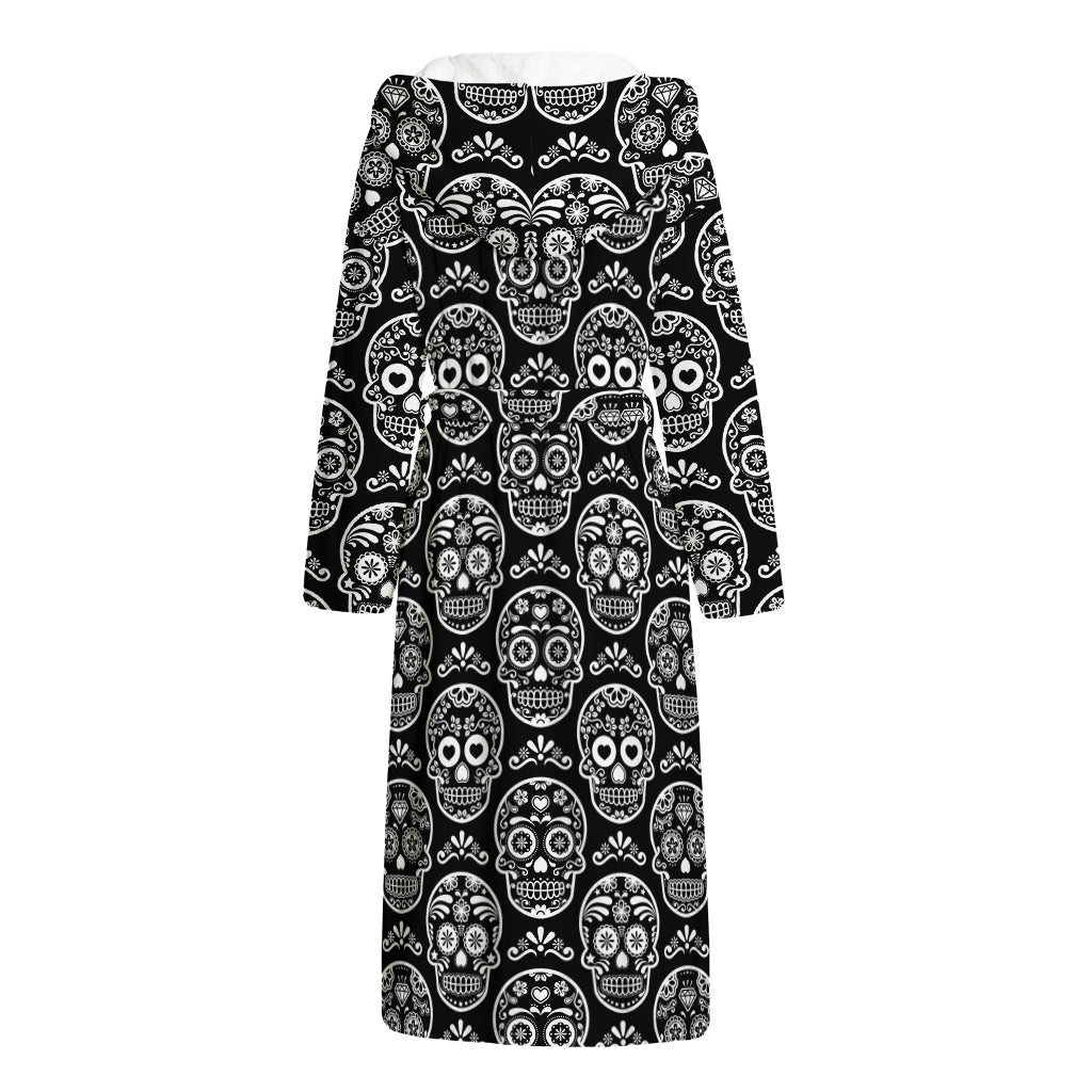 Black And White Calavera Skull Print Hooded Bathrobe