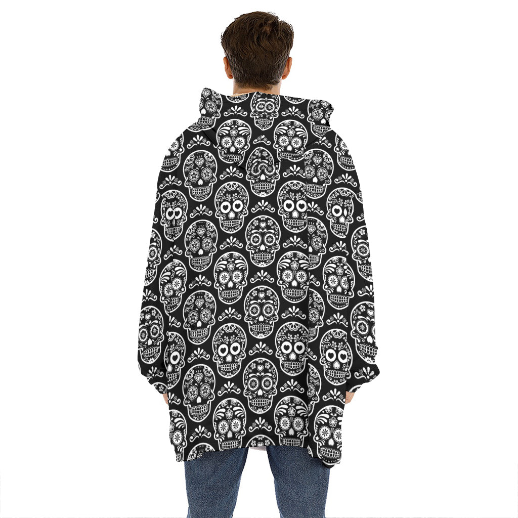 Black And White Calavera Skull Print Hoodie Blanket