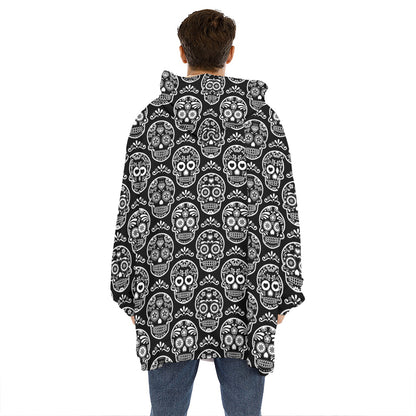 Black And White Calavera Skull Print Hoodie Blanket