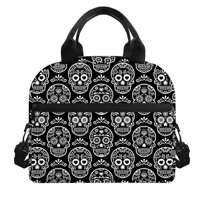 Black And White Calavera Skull Print Insulated Lunch Bag