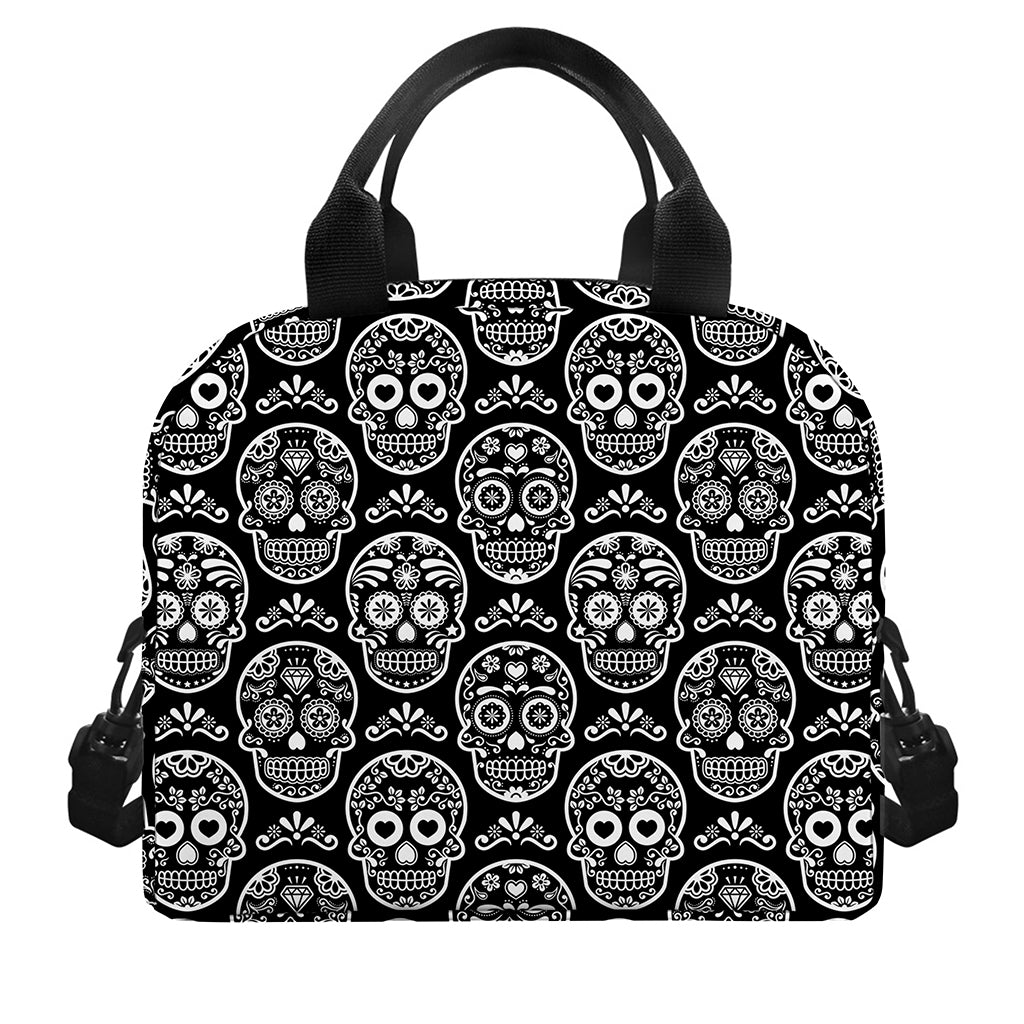 Black And White Calavera Skull Print Insulated Lunch Bag