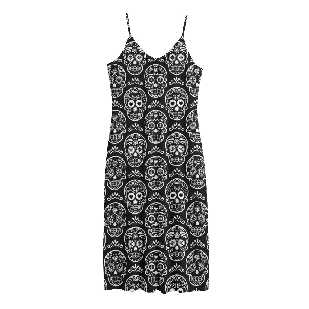 Black And White Calavera Skull Print Jersey Midi Cami Dress