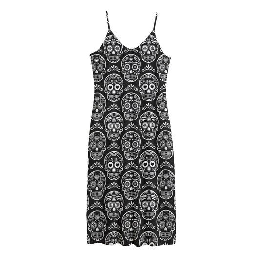 Black And White Calavera Skull Print Jersey Midi Cami Dress
