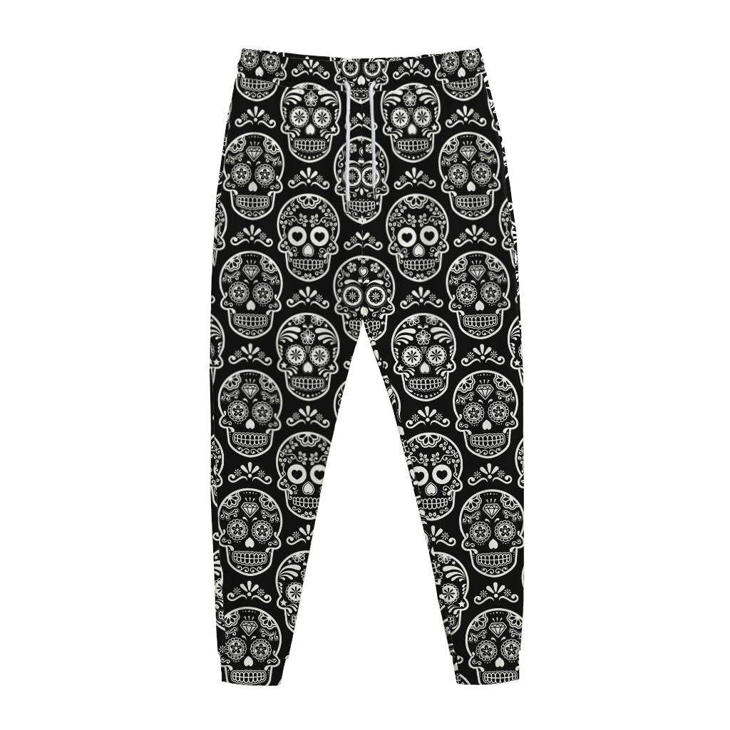 Black And White Calavera Skull Print Jogger Pants
