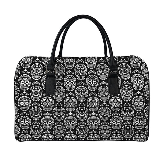 Black And White Calavera Skull Print Leather Duffle Bag