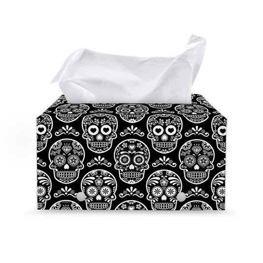 Black And White Calavera Skull Print Leather Tissue Box Cover