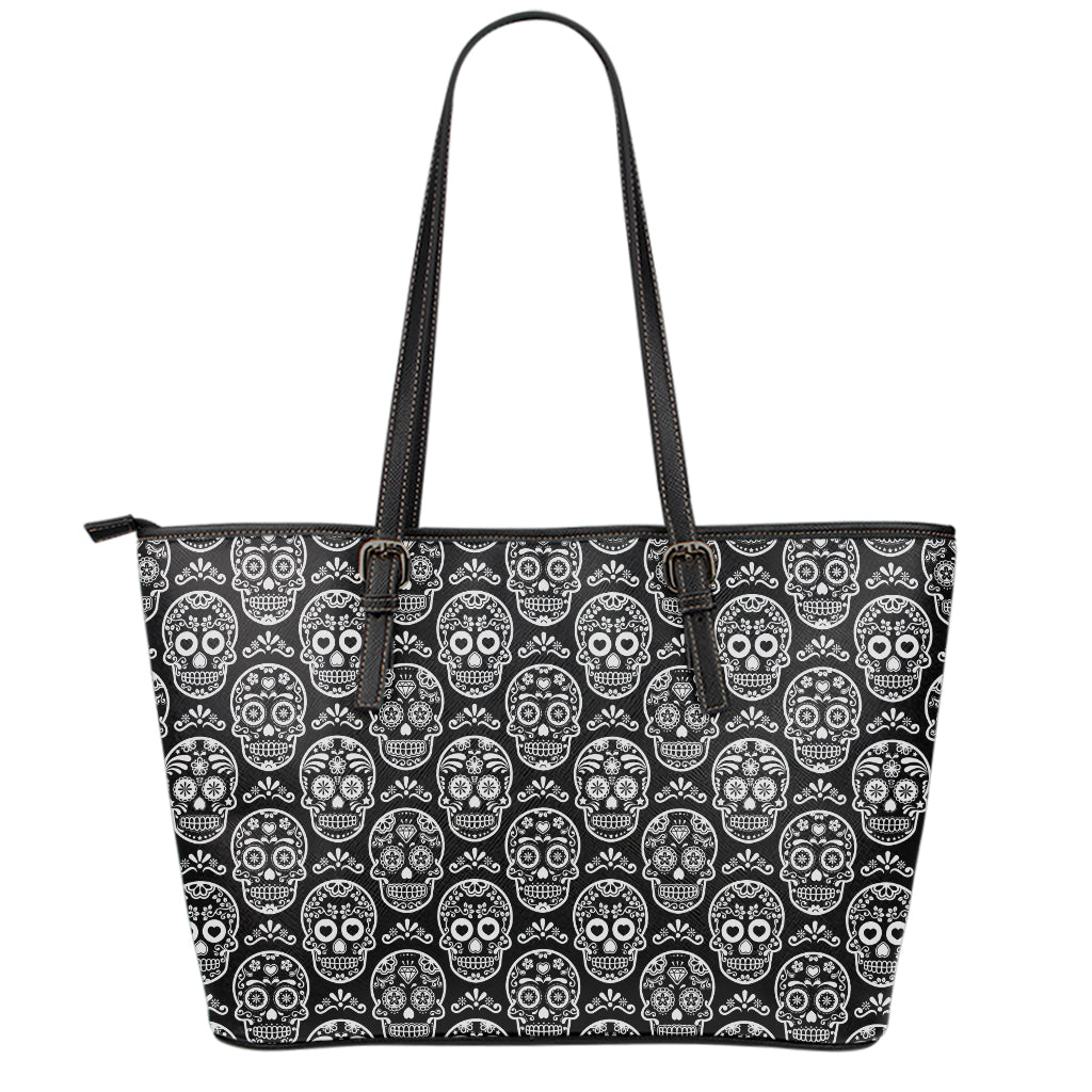 Black And White Calavera Skull Print Leather Tote Bag
