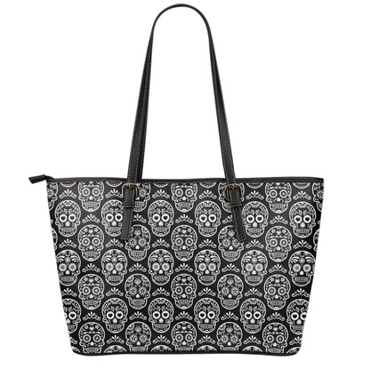 Black And White Calavera Skull Print Leather Tote Bag