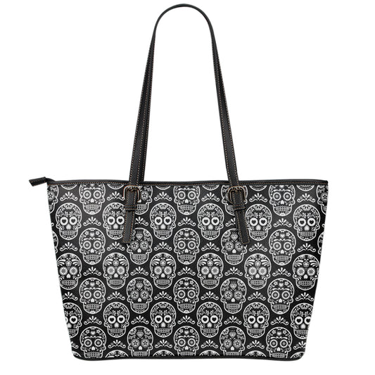 Black And White Calavera Skull Print Leather Tote Bag