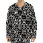 Black And White Calavera Skull Print Long Sleeve Baseball Jersey