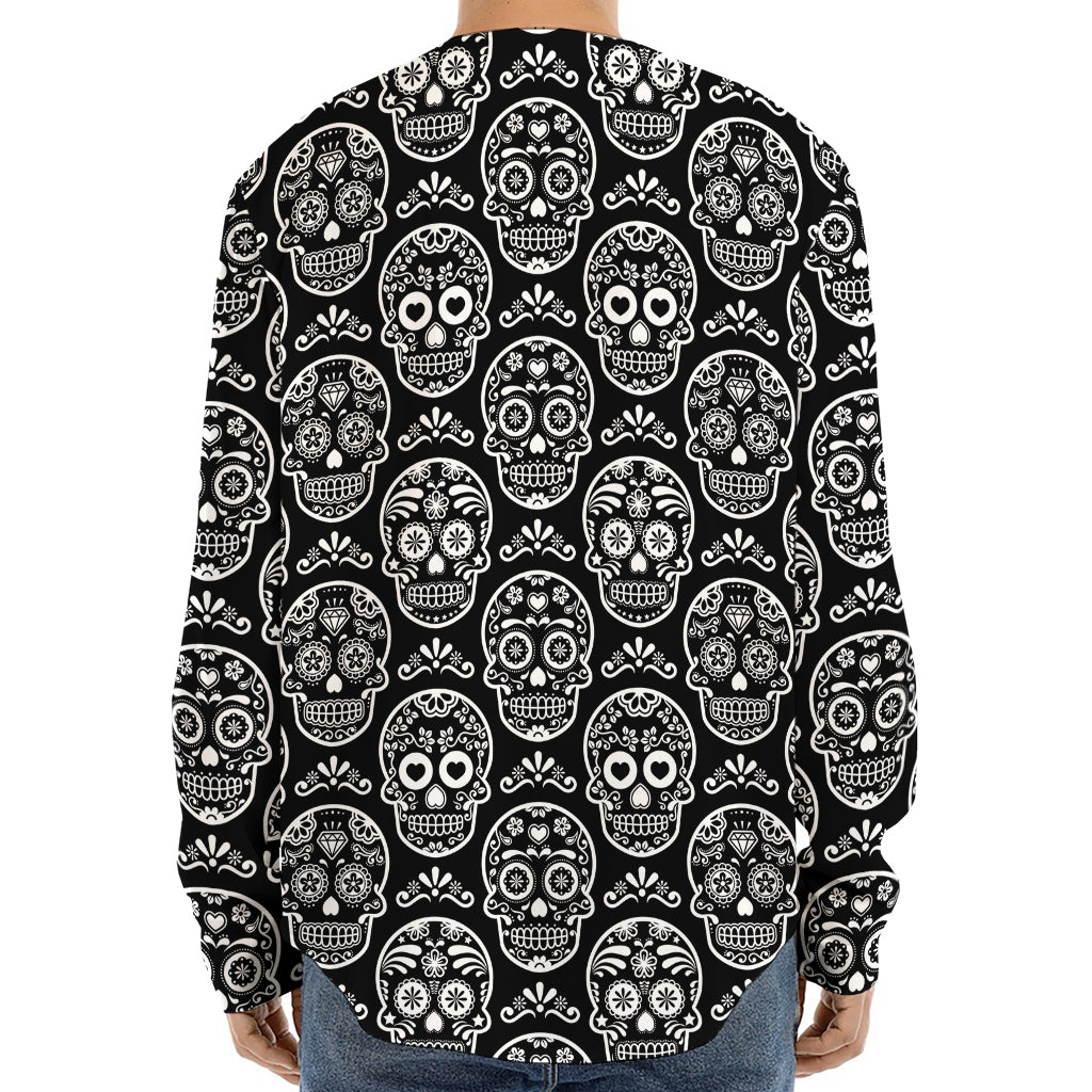 Black And White Calavera Skull Print Long Sleeve Baseball Jersey