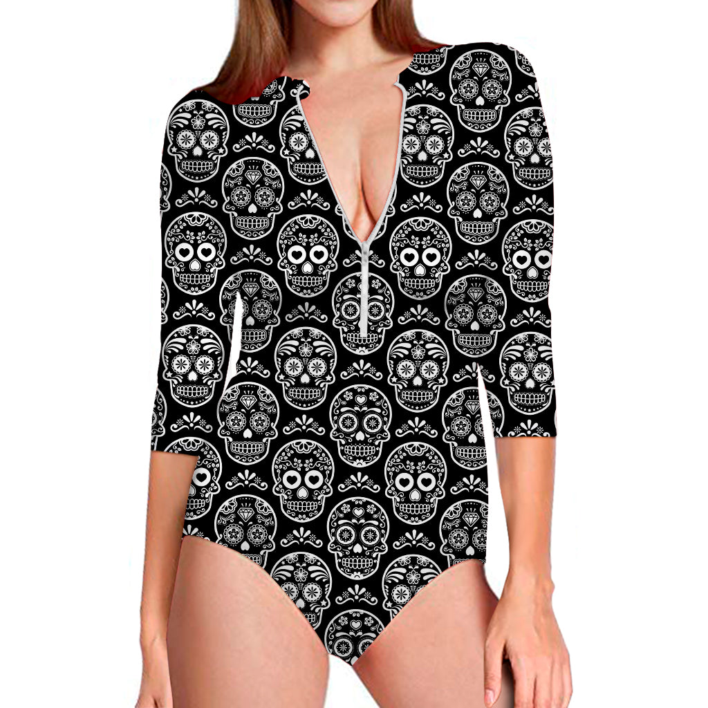 Black And White Calavera Skull Print Long Sleeve Swimsuit