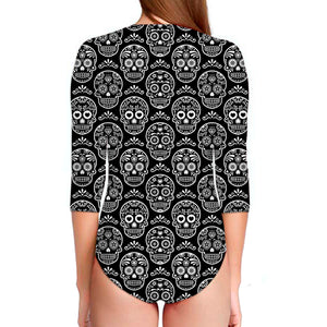 Black And White Calavera Skull Print Long Sleeve Swimsuit