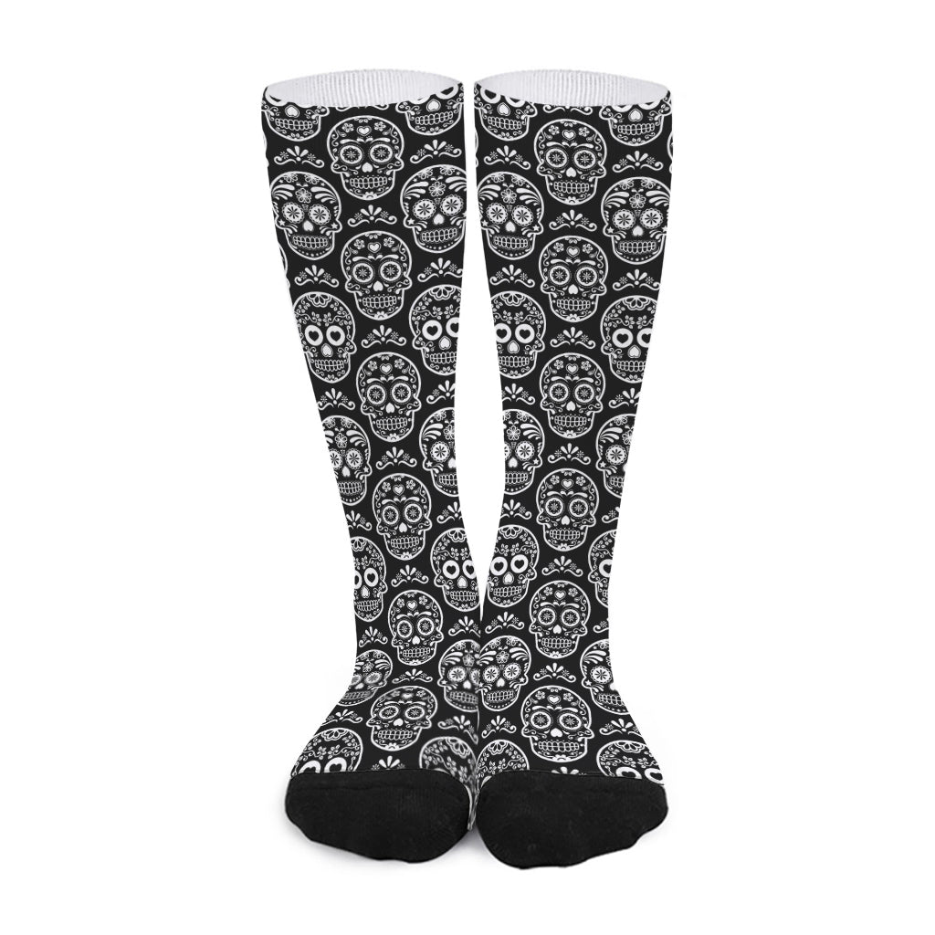 Black And White Calavera Skull Print Long Socks