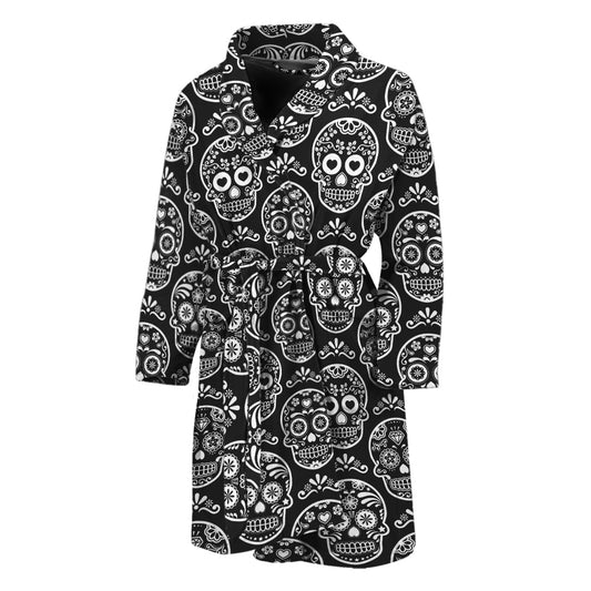 Black And White Calavera Skull Print Men's Bathrobe