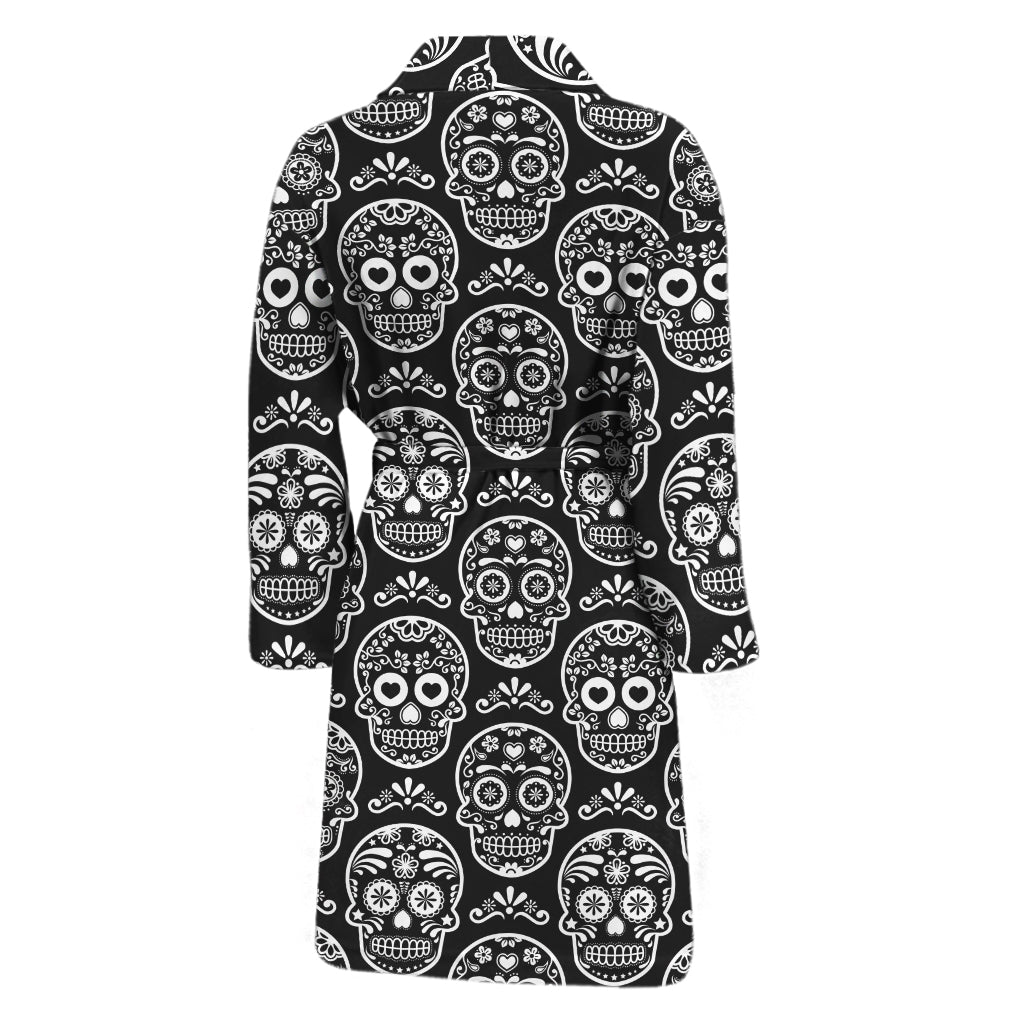Black And White Calavera Skull Print Men's Bathrobe