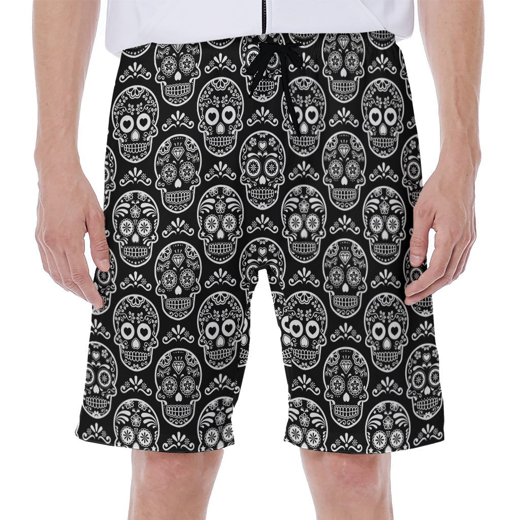 Black And White Calavera Skull Print Men's Beach Shorts