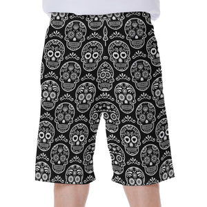 Black And White Calavera Skull Print Men's Beach Shorts