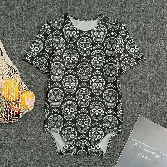 Black And White Calavera Skull Print Men's Bodysuit