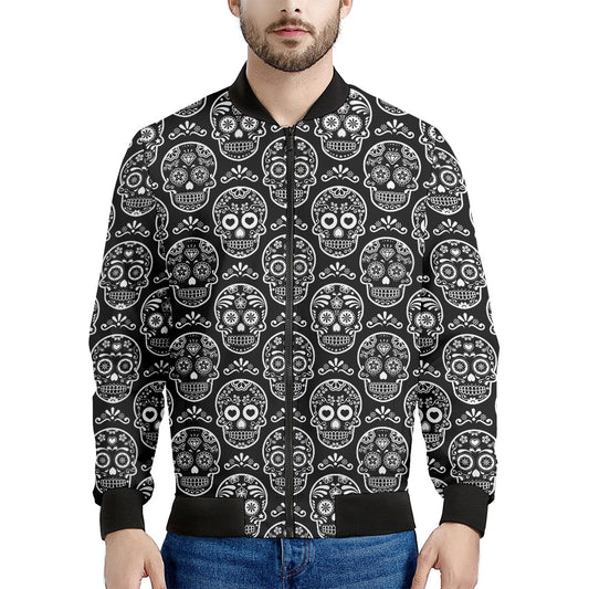 Black And White Calavera Skull Print Men's Bomber Jacket