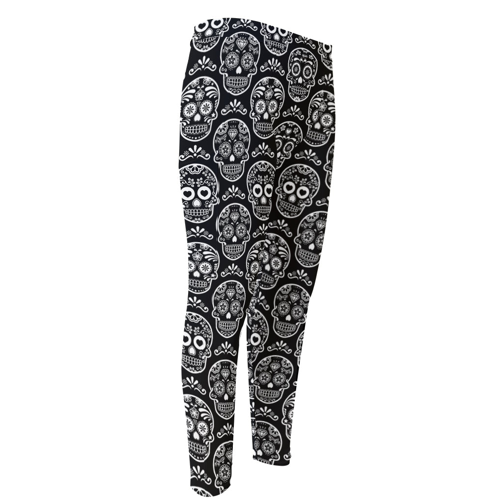 Black And White Calavera Skull Print Men's Compression Pants