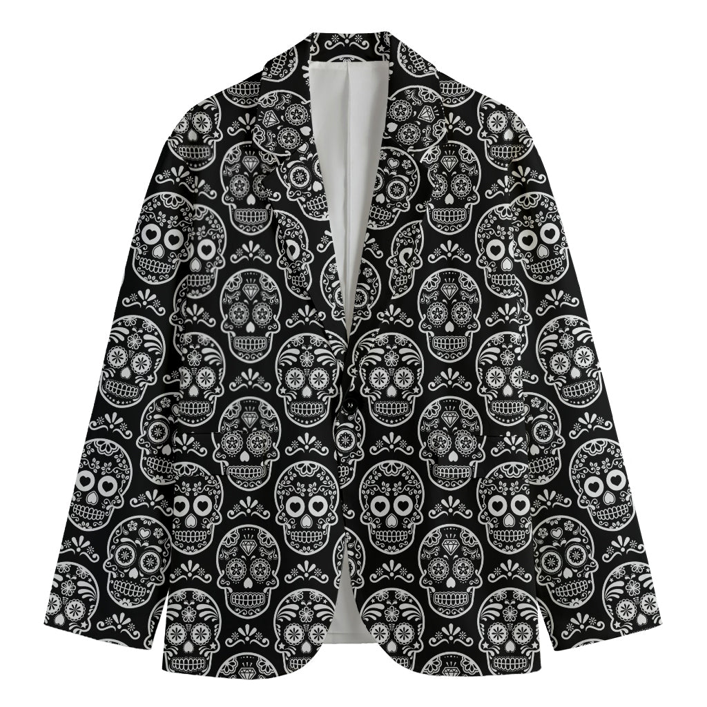 Black And White Calavera Skull Print Men's Cotton Blazer