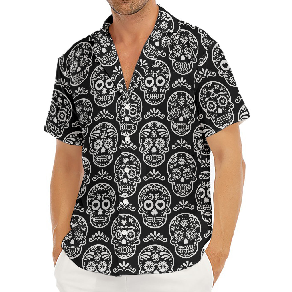 Black And White Calavera Skull Print Men's Deep V-Neck Shirt