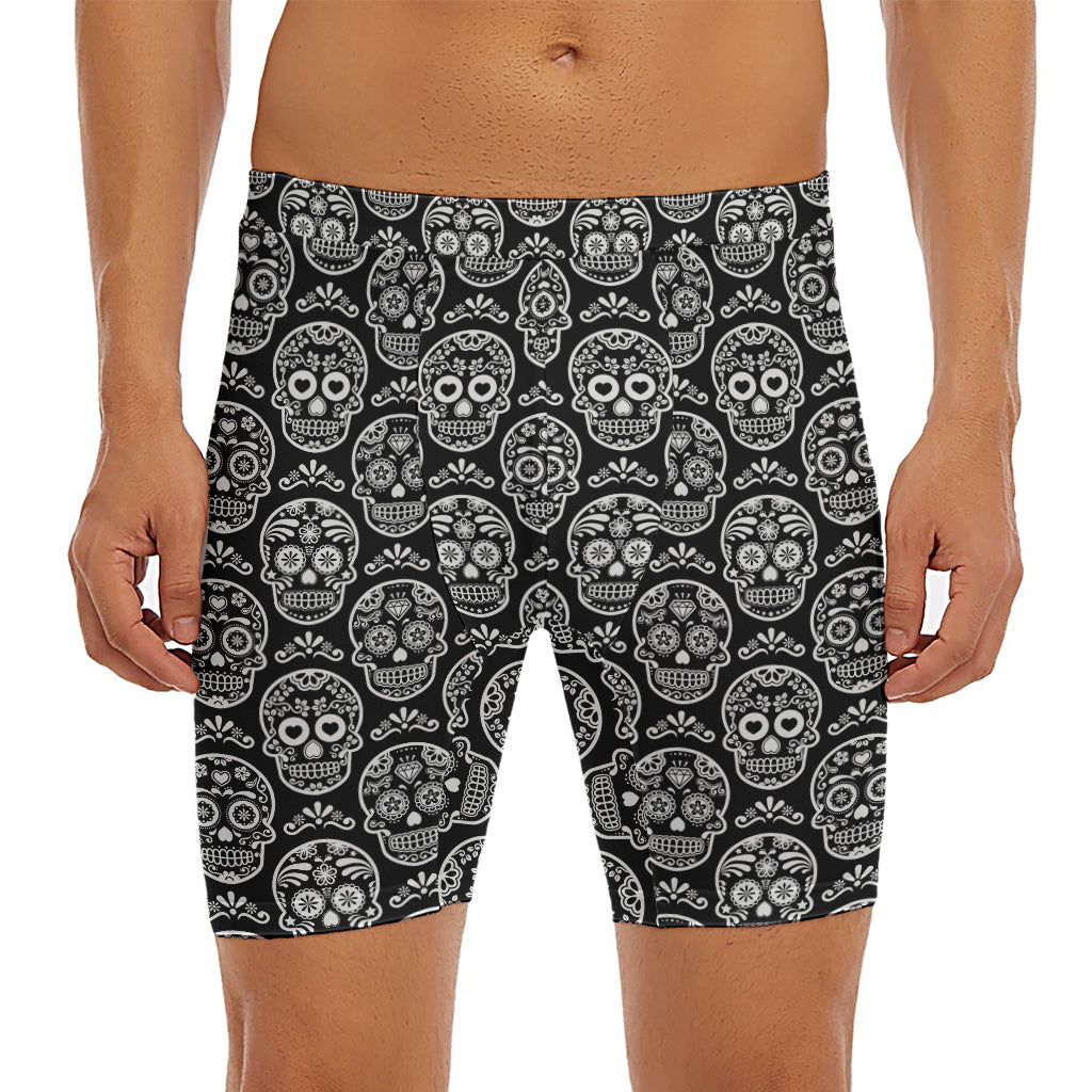 Black And White Calavera Skull Print Men's Long Boxer Briefs