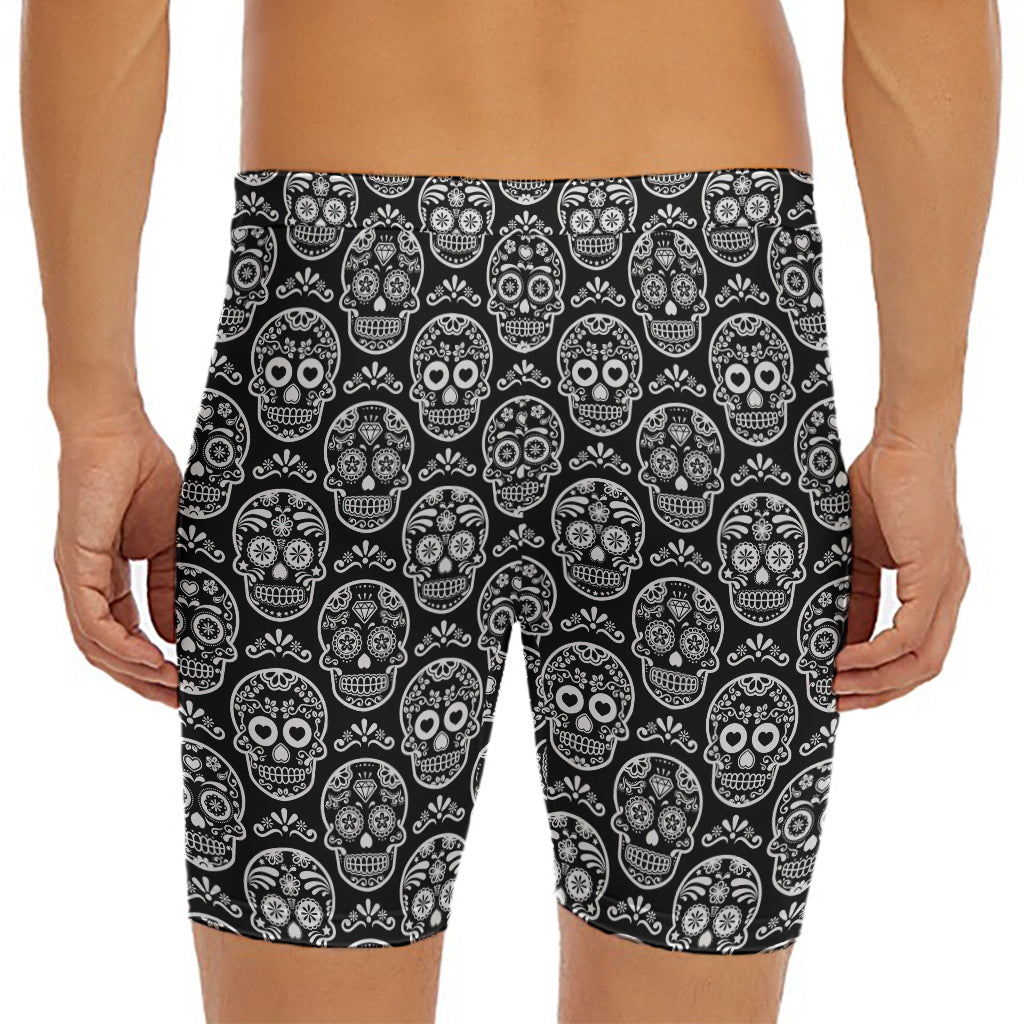 Black And White Calavera Skull Print Men's Long Boxer Briefs