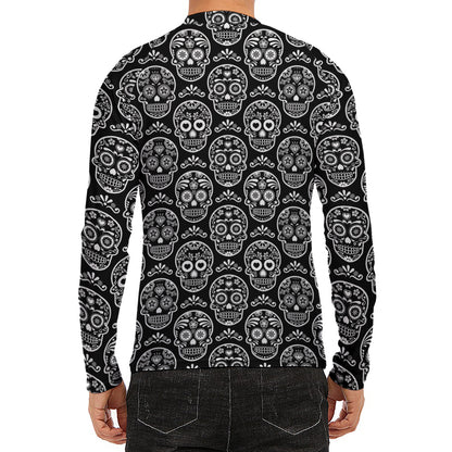 Black And White Calavera Skull Print Men's Long Sleeve Rash Guard
