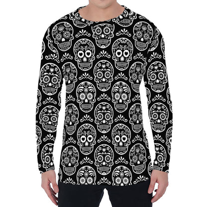Black And White Calavera Skull Print Men's Long Sleeve T-Shirt