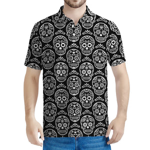 Black And White Calavera Skull Print Men's Polo Shirt