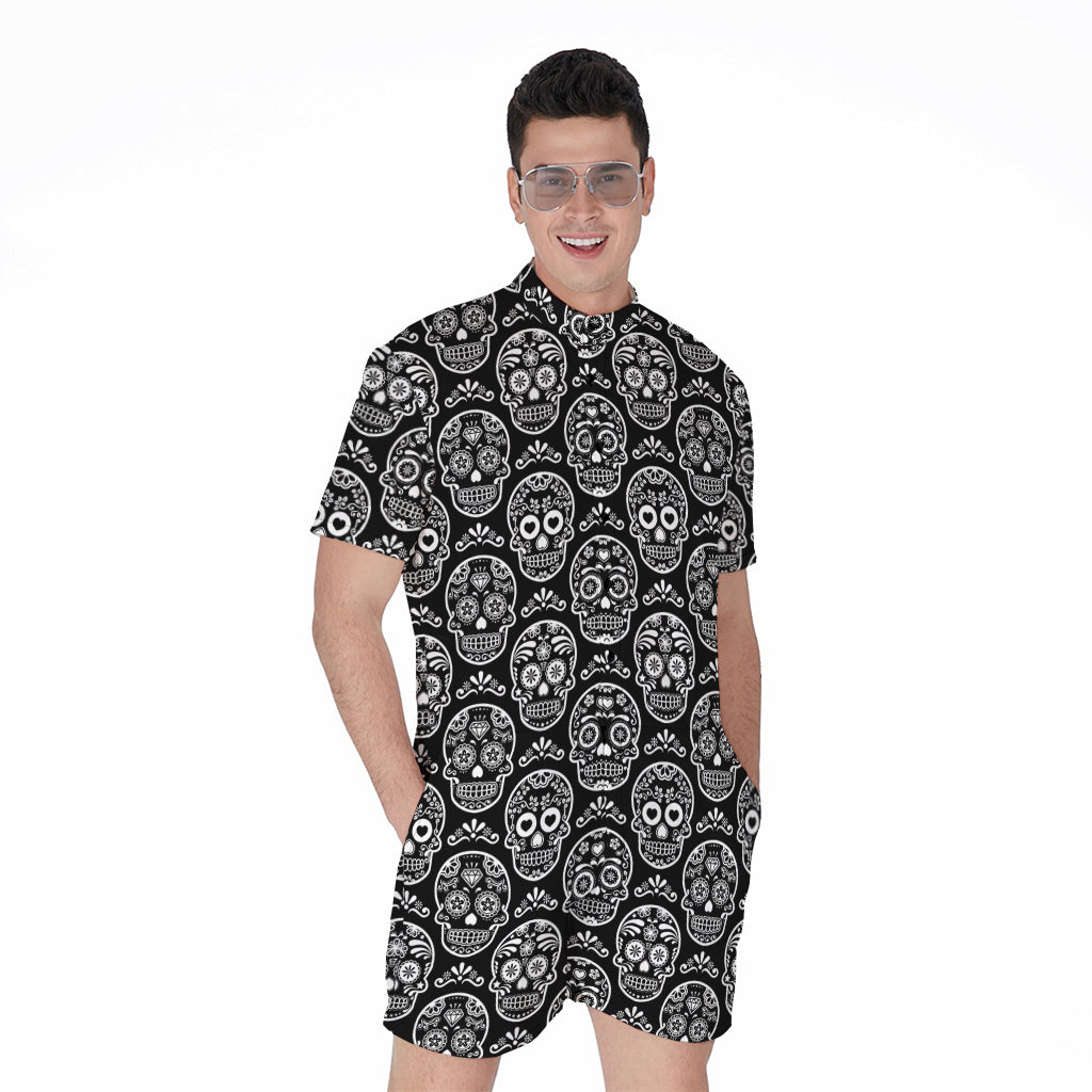 Black And White Calavera Skull Print Men's Rompers