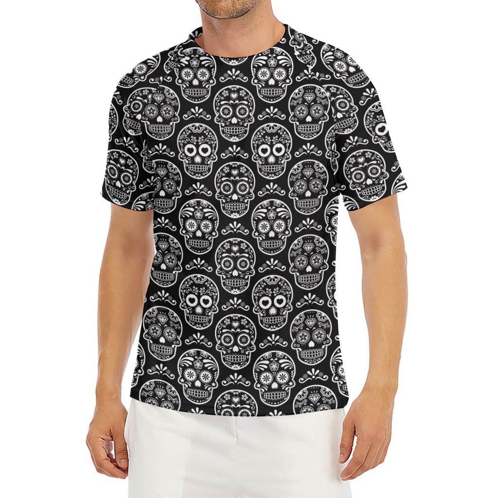 Black And White Calavera Skull Print Men's Short Sleeve Rash Guard